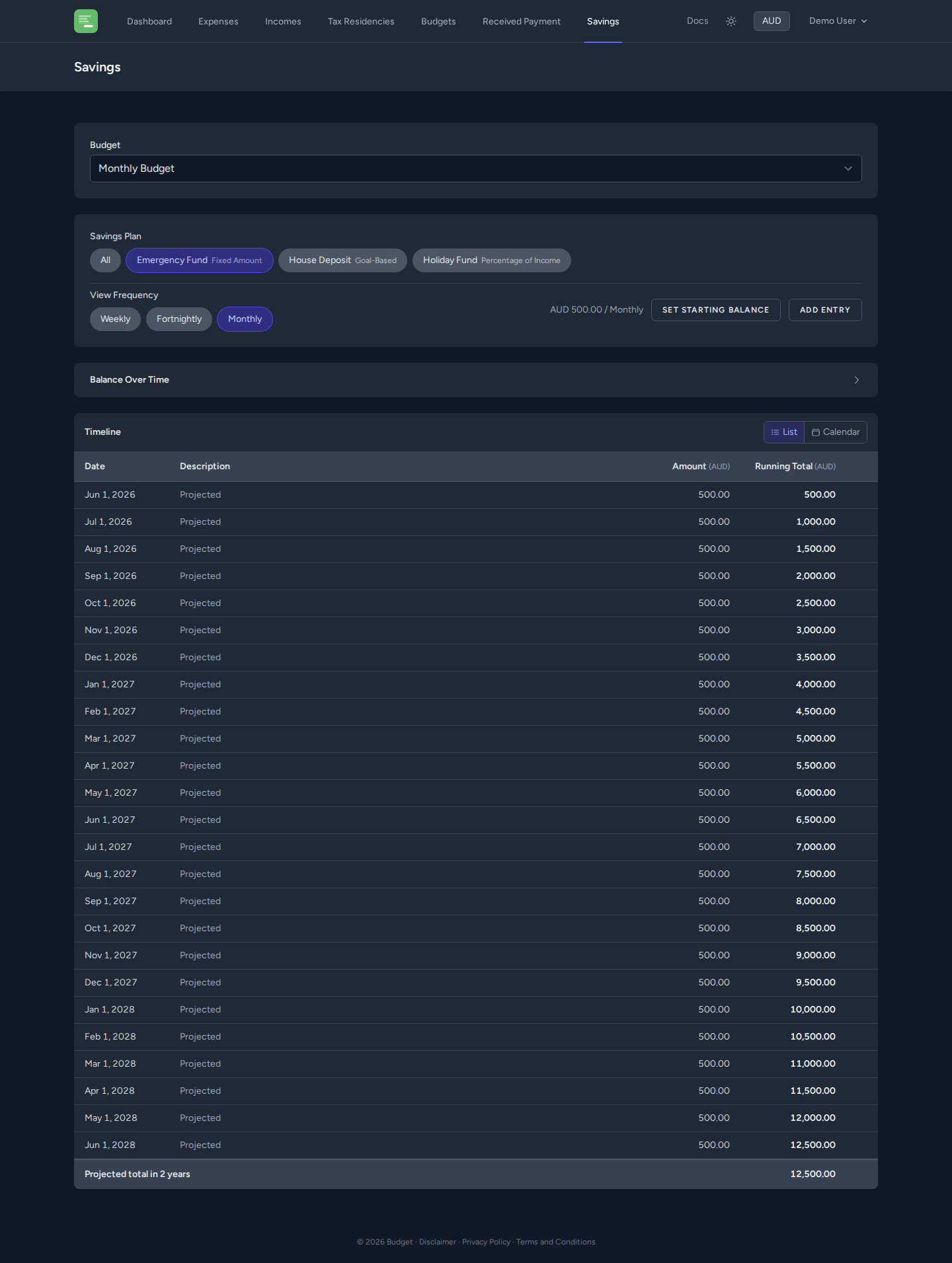 Savings page