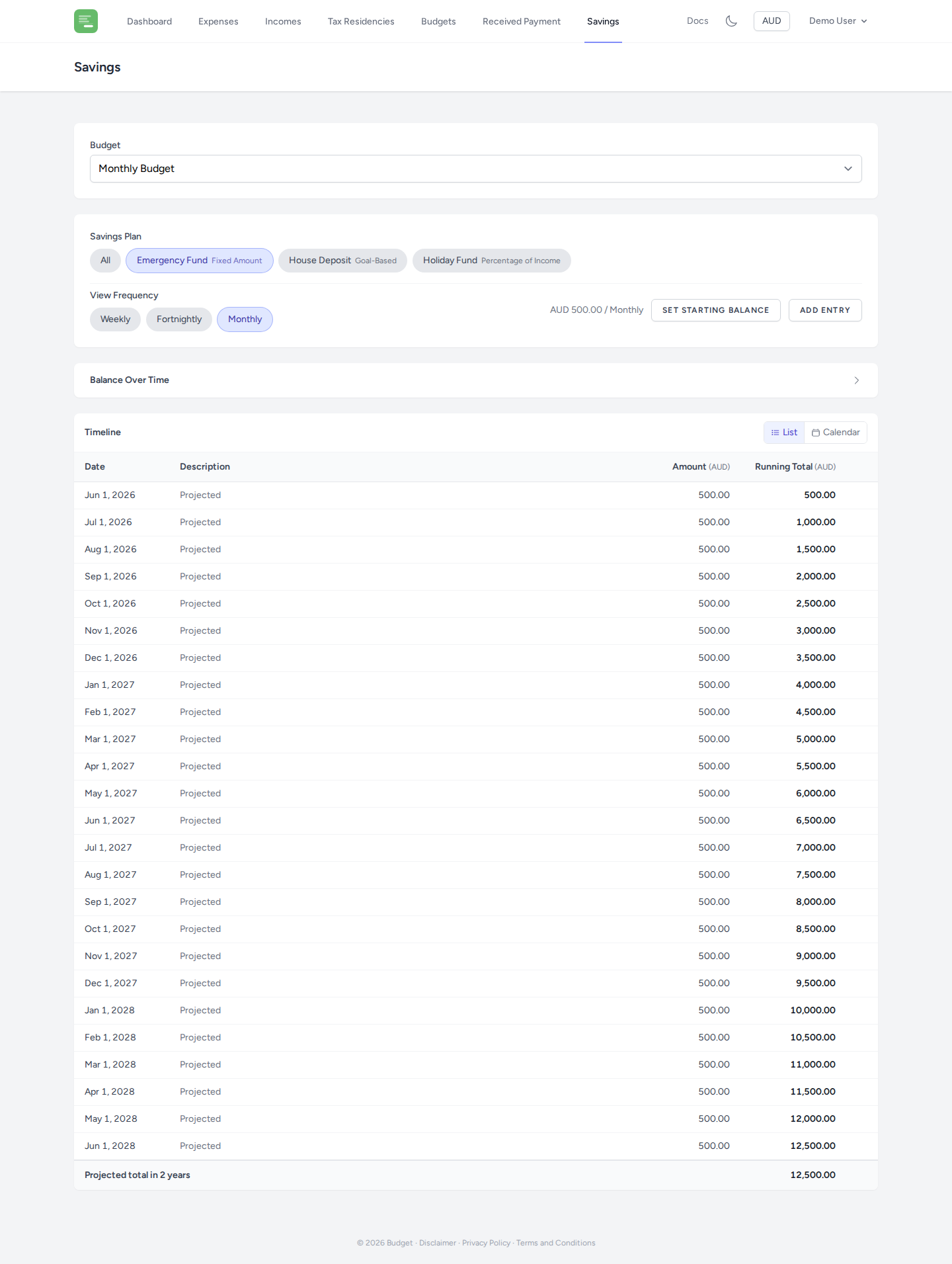 Savings page